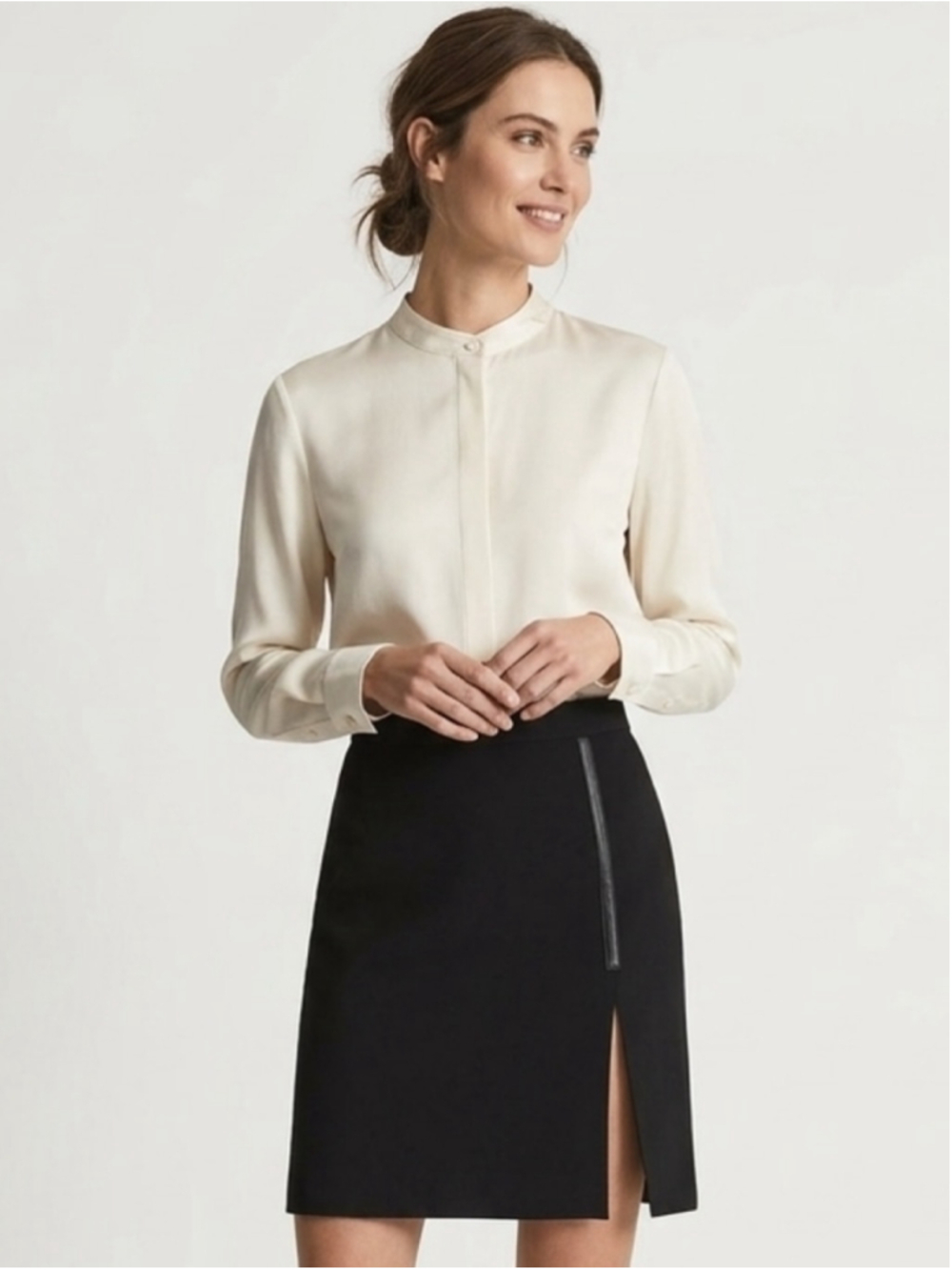 Joseph Ribkoff VTG Black Pencil Skirt Faux Leather Trim Asymmetric Split Med 947